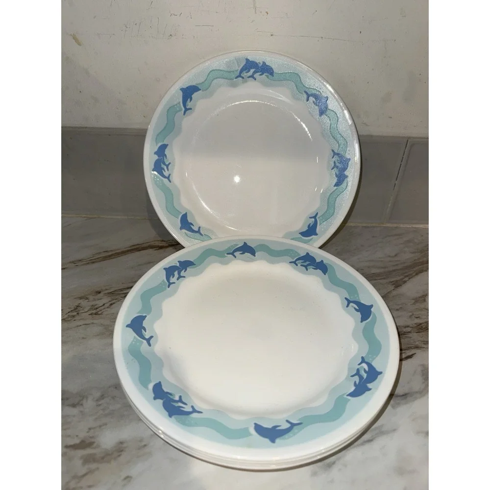 CORELLE CORNING WARE OCEAN DANCING BLUE DOLPHINS PLATES SOUP BOWLS 13 PCS